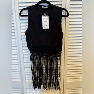 Zara Fringe Sleeveless Top Black NWT Size Large